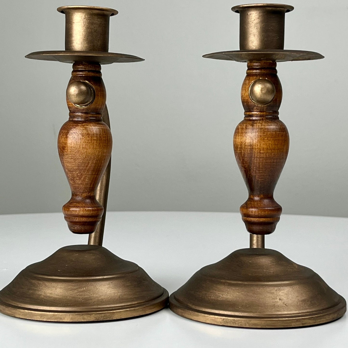 Bronze Candlestick Holders with Wood Accents