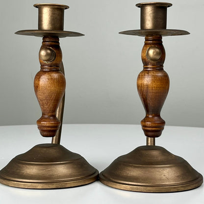 Bronze Candlestick Holders with Wood Accents