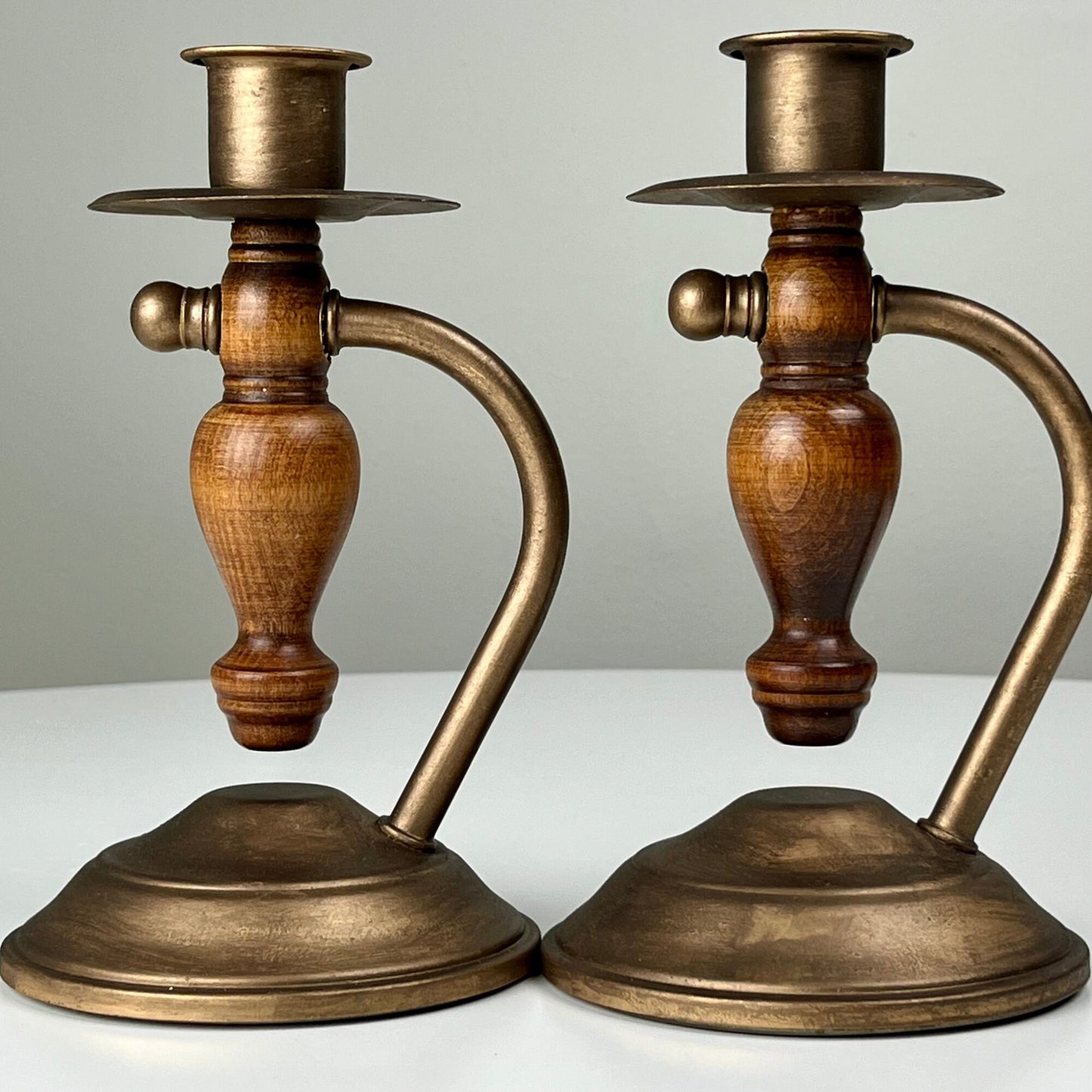 Bronze Candlestick Holders with Wood Accents