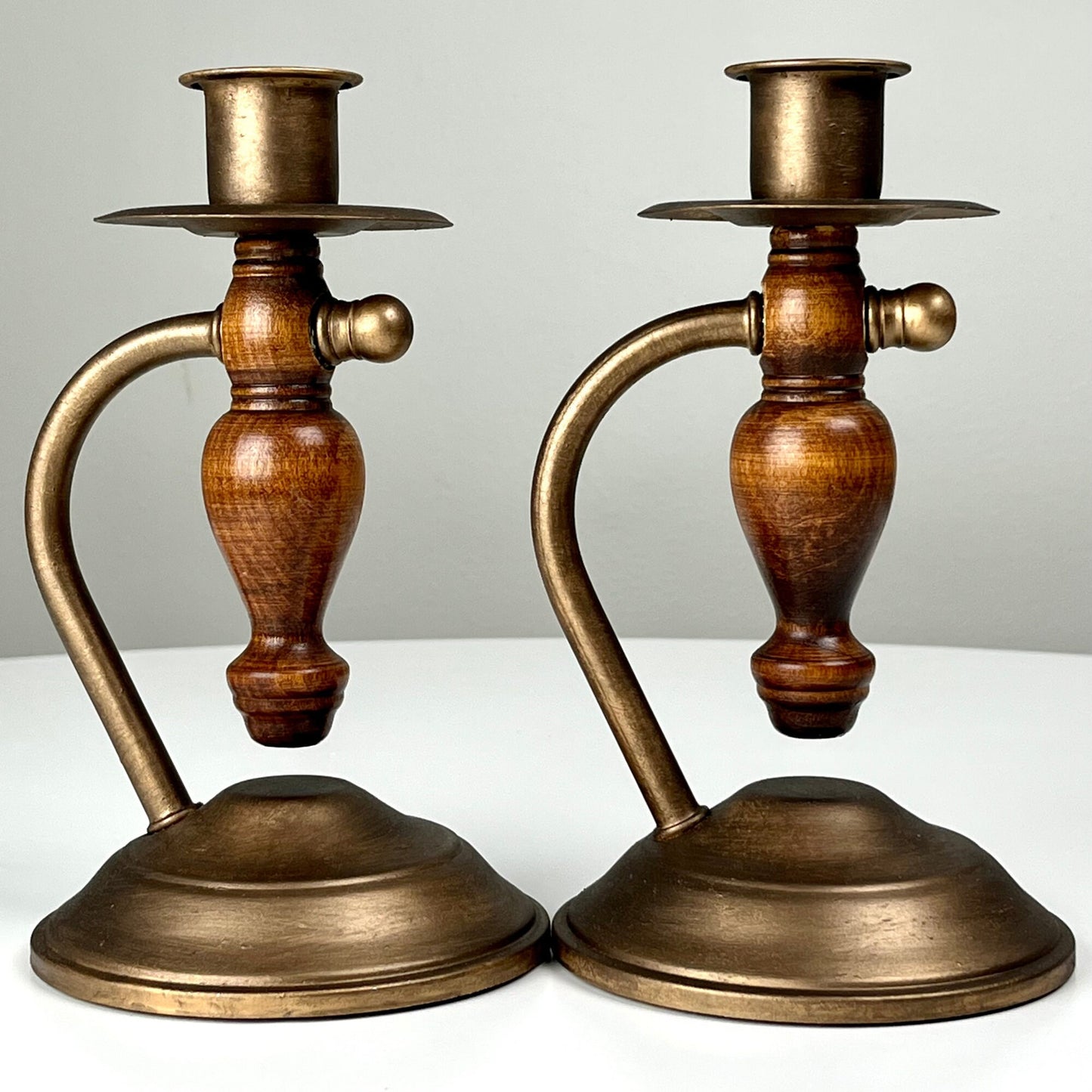 Bronze Candlestick Holders with Wood Accents