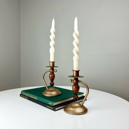 Bronze Candlestick Holders with Wood Accents