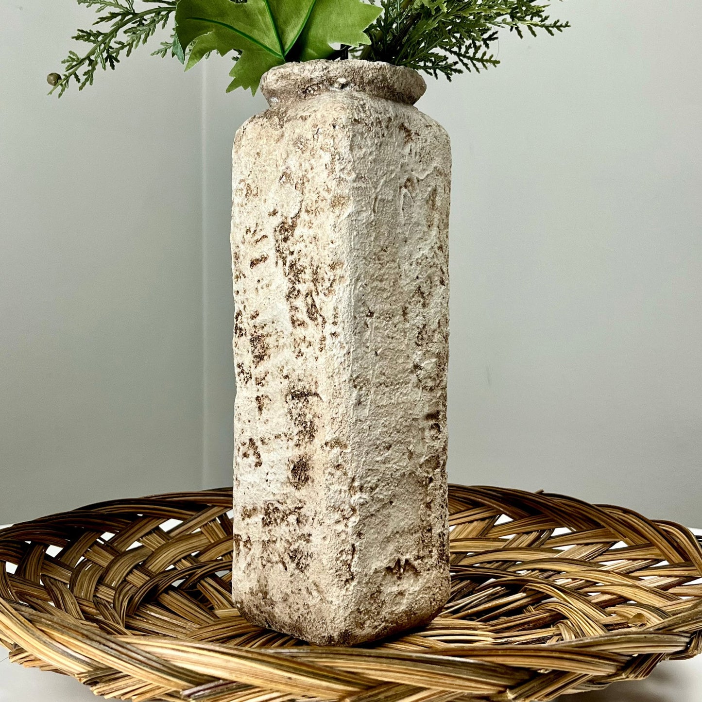 Cream Aged Textured Concrete Vase with Circular Rim