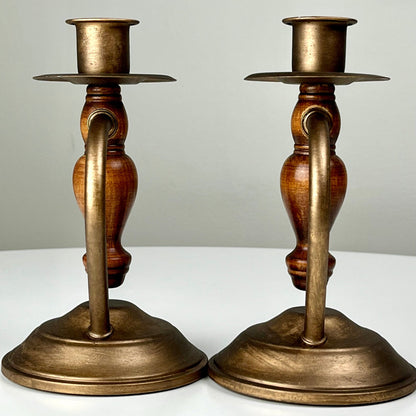 Bronze Candlestick Holders with Wood Accents