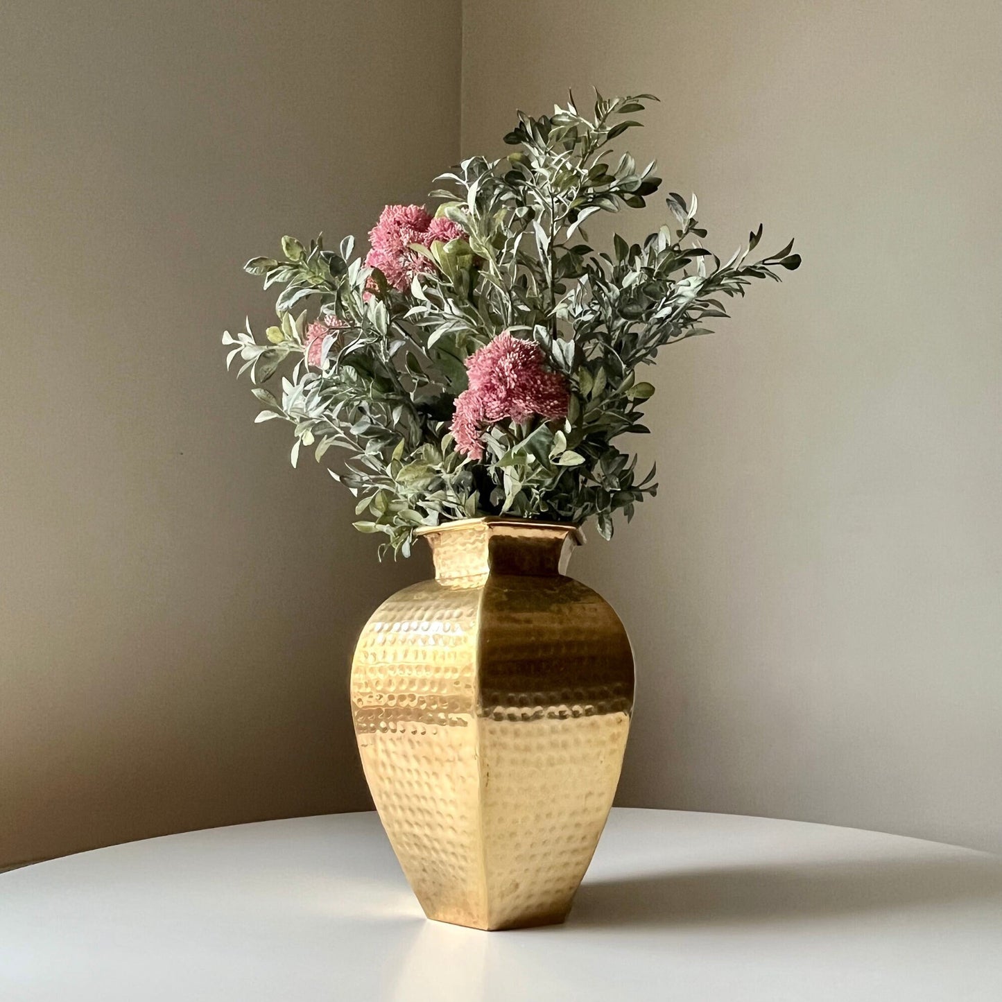 Hammered Brass Vase with Geometric Shape