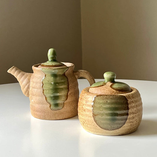 Stoneware Teapot Set with Emerald Green Glaze Accent