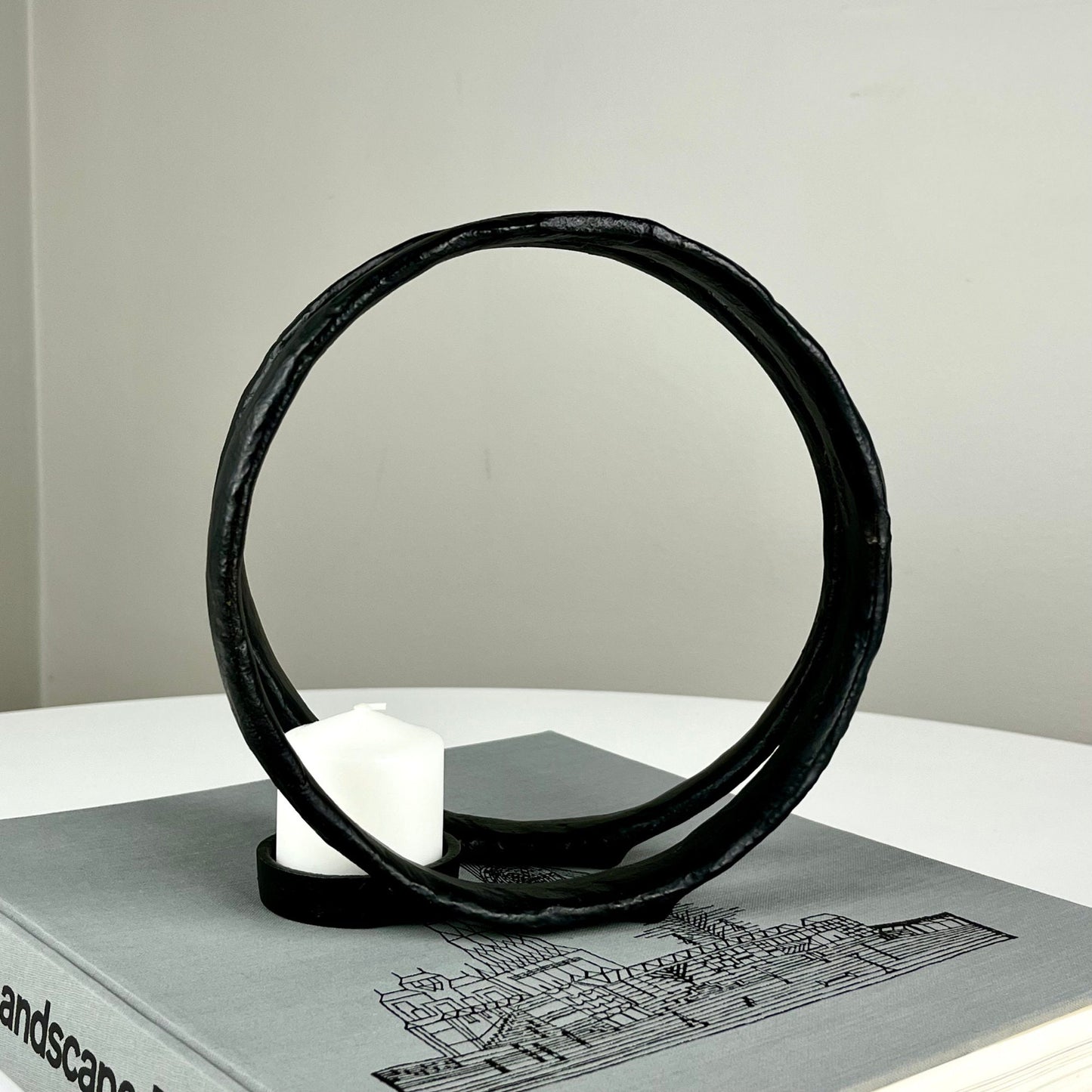 Black Metal Circular Candle Holder Sculpture