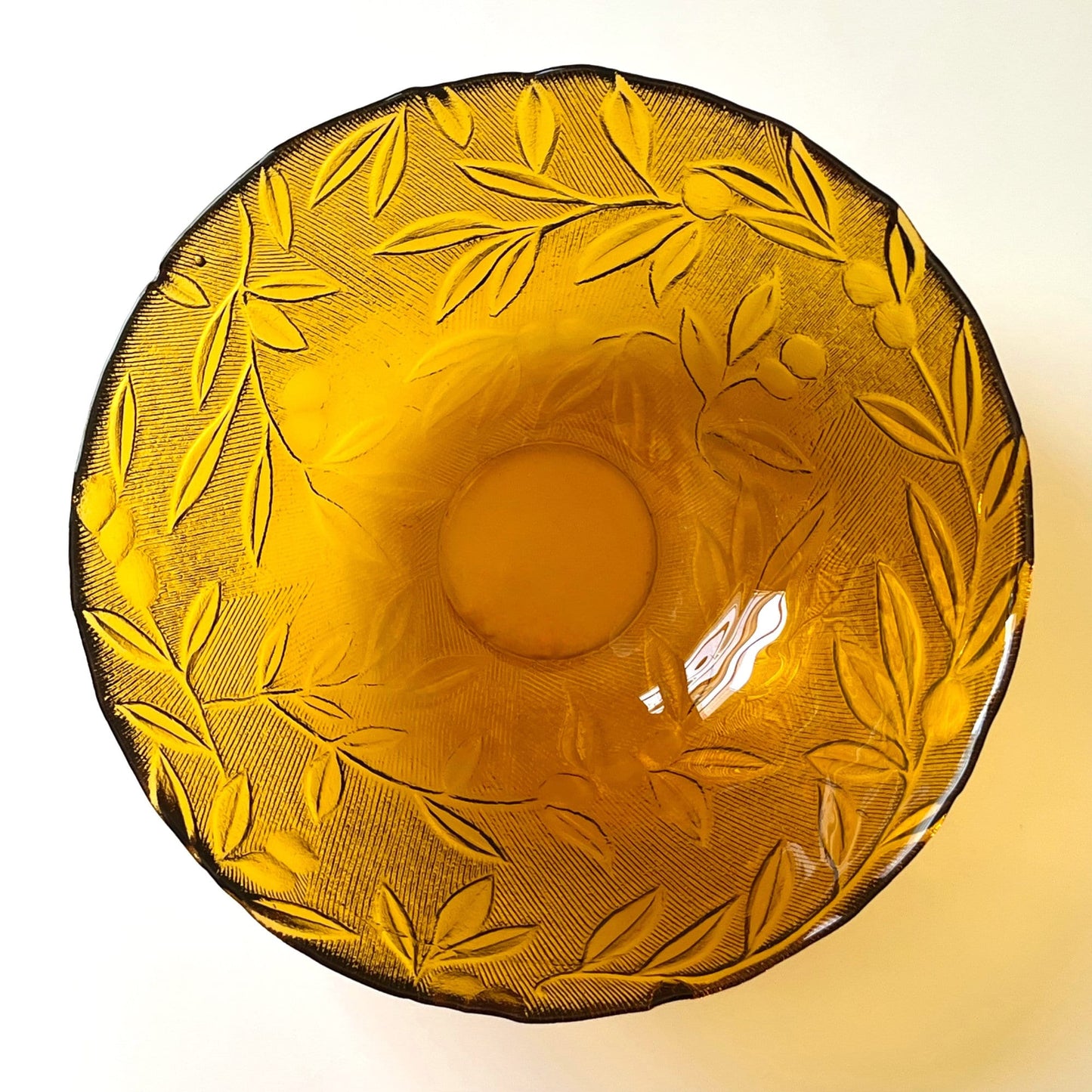 Amber Glass Bowl with Embossed Leaf Design