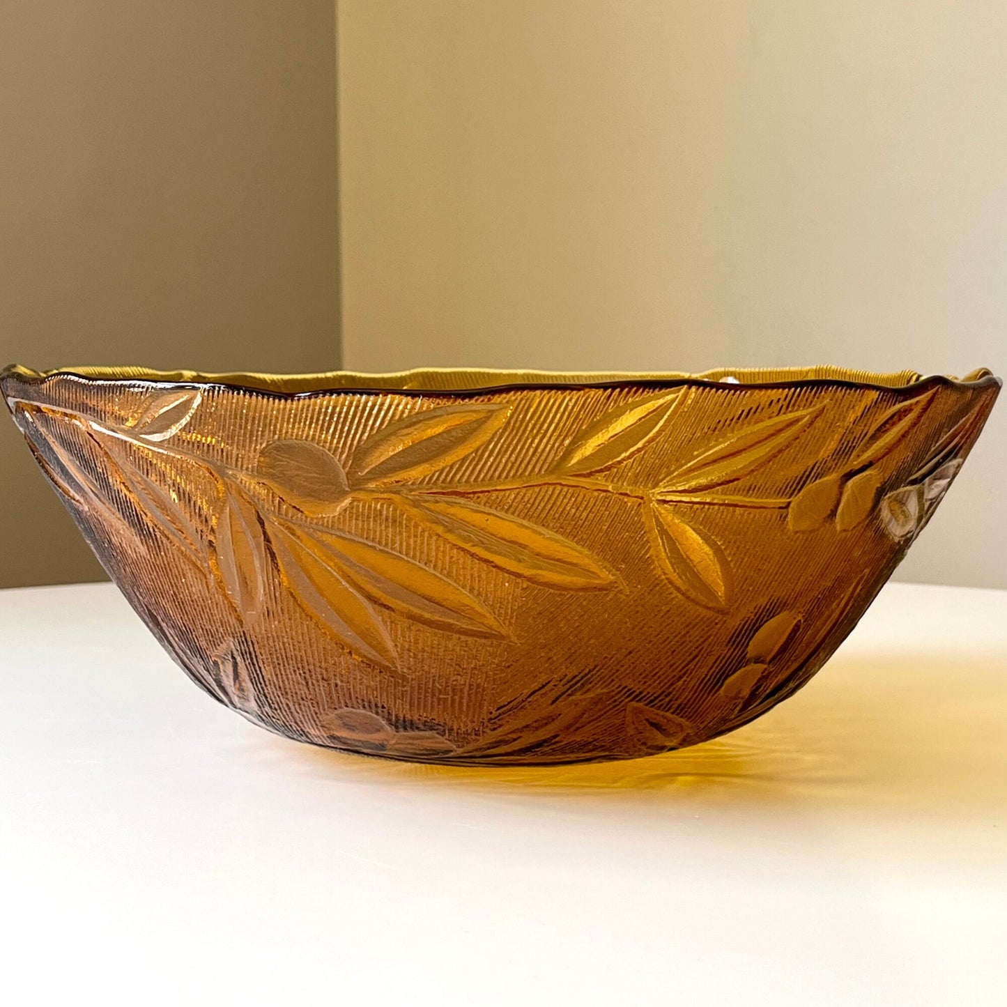 Amber Glass Bowl with Embossed Leaf Design