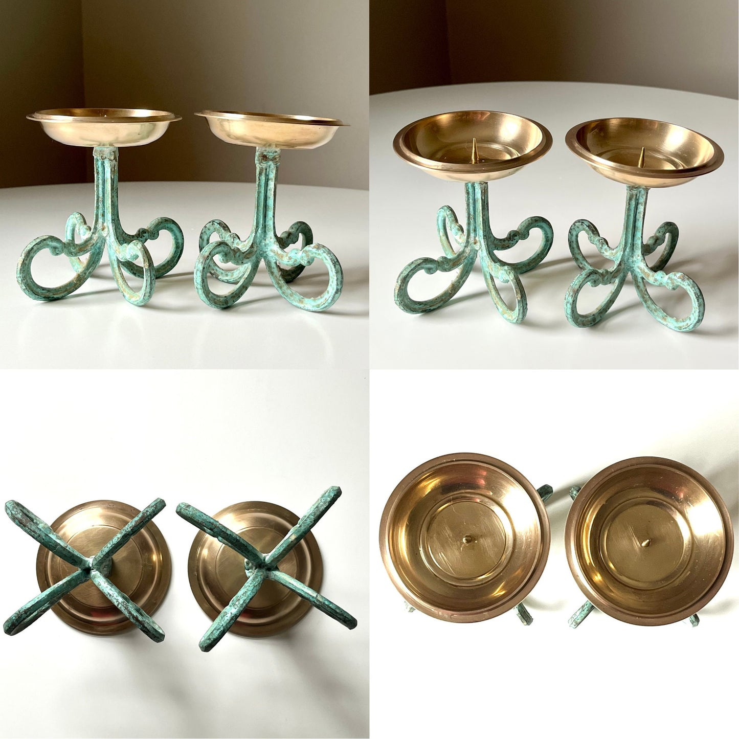 Candle Holders with Brass Dish & Ornate Patina Base