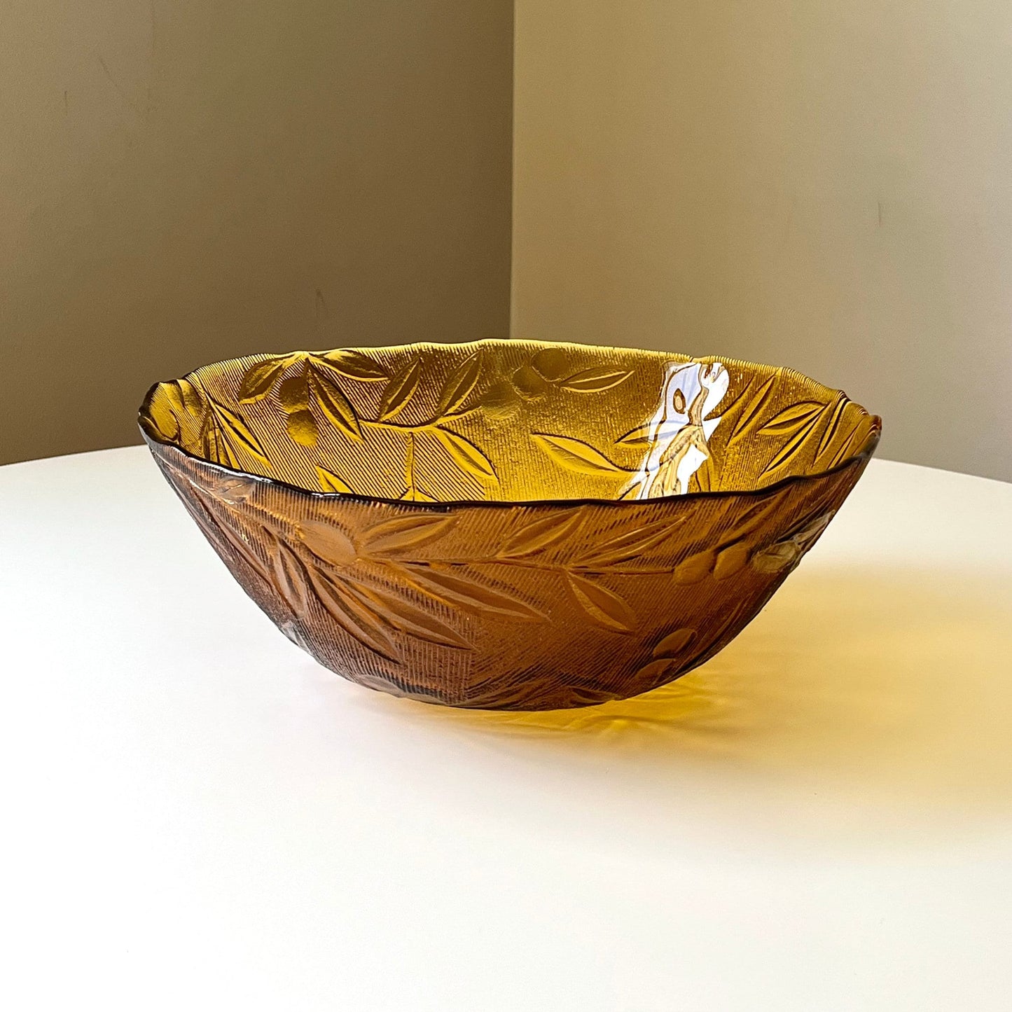 Amber Glass Bowl with Embossed Leaf Design