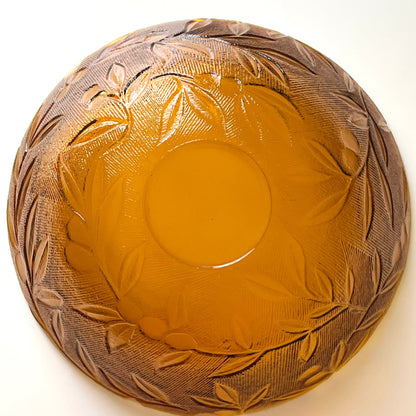 Amber Glass Bowl with Embossed Leaf Design