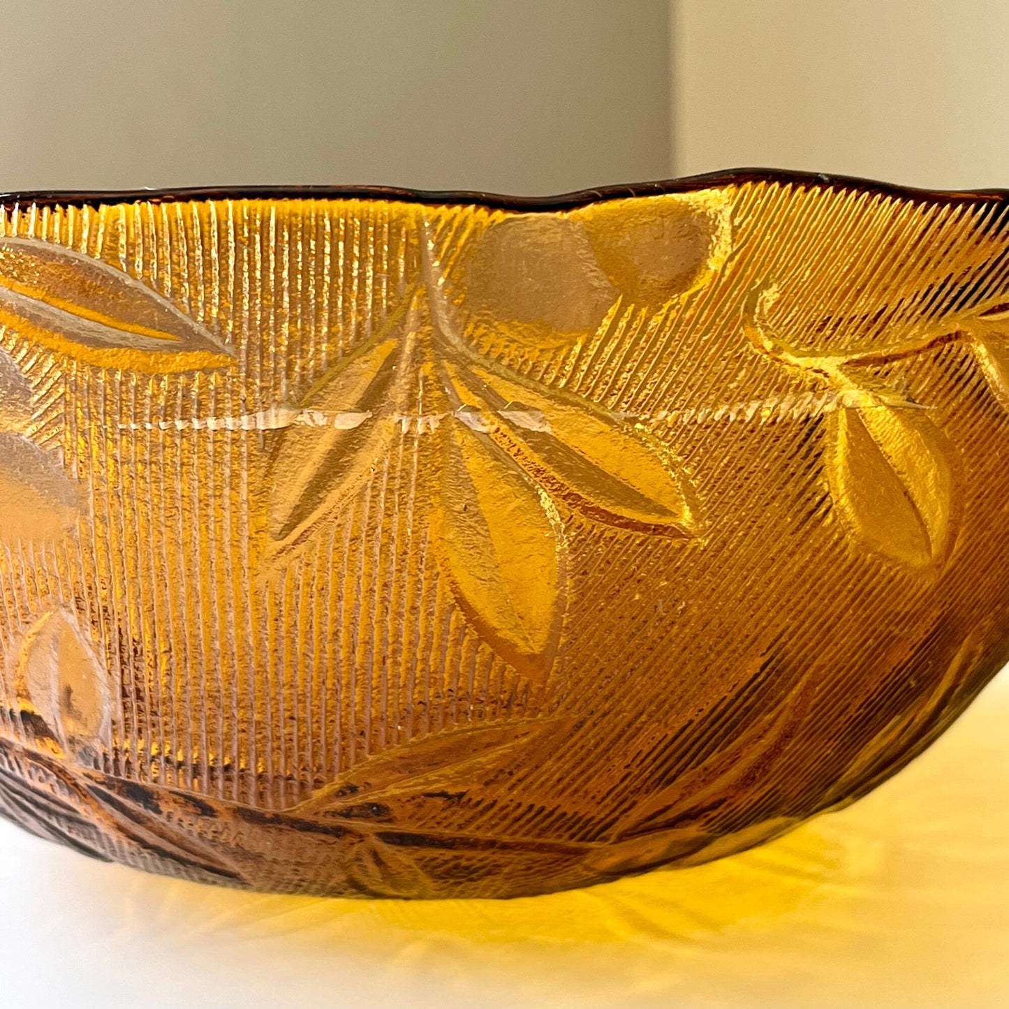 Amber Glass Bowl with Embossed Leaf Design