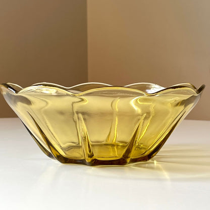 Amber Glass Serving Bowl with Scalloped Pattern