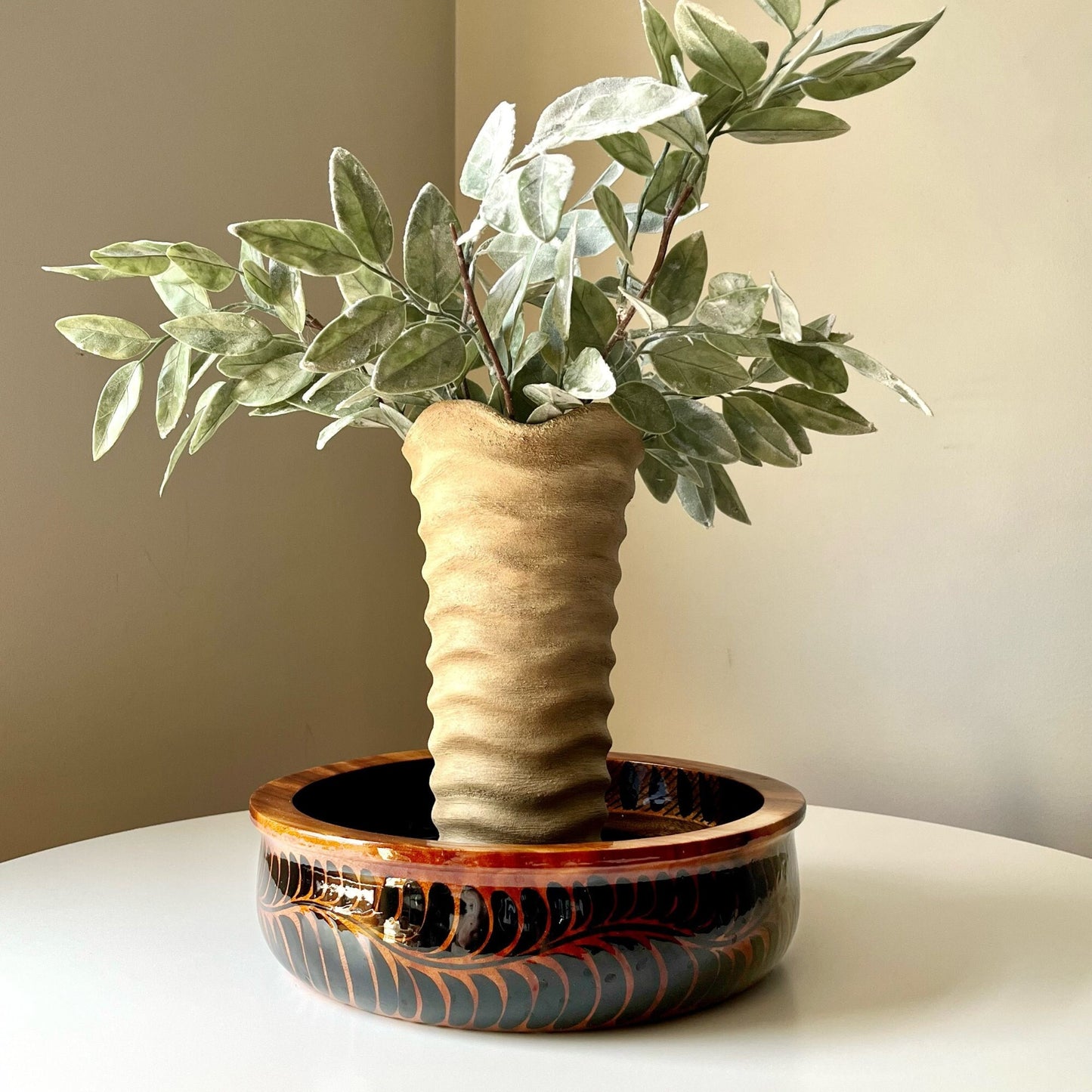 Handcrafted Mesquite Bowl with Intricate Floral Design