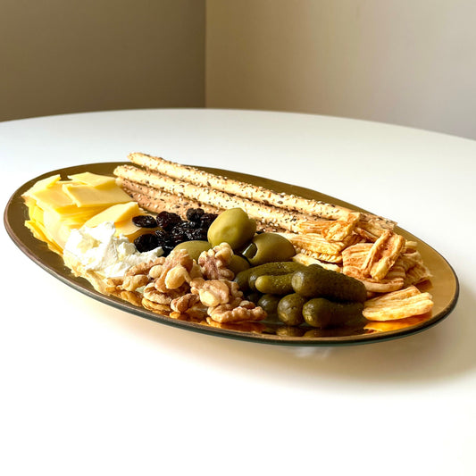 Clear Glass Oval Serving Plate with Thick Gold Rim