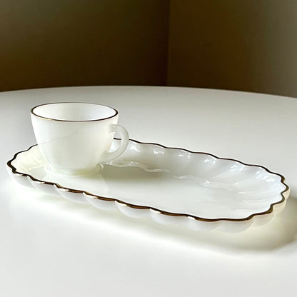 Milk Glass Tea Cup and Matching Dish with Gold Rim Accent