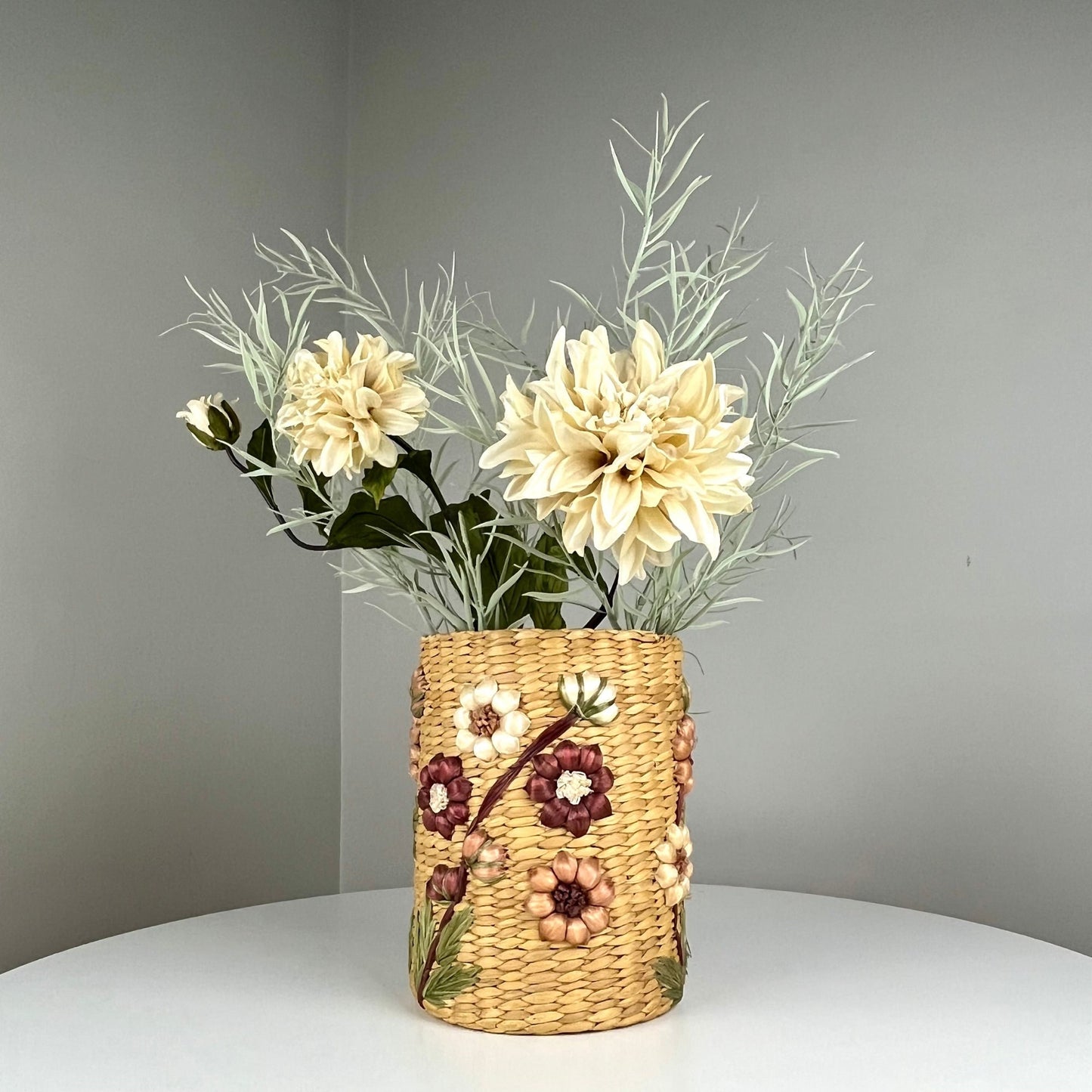 Vintage 1970s Woven Flower Raffia Planter