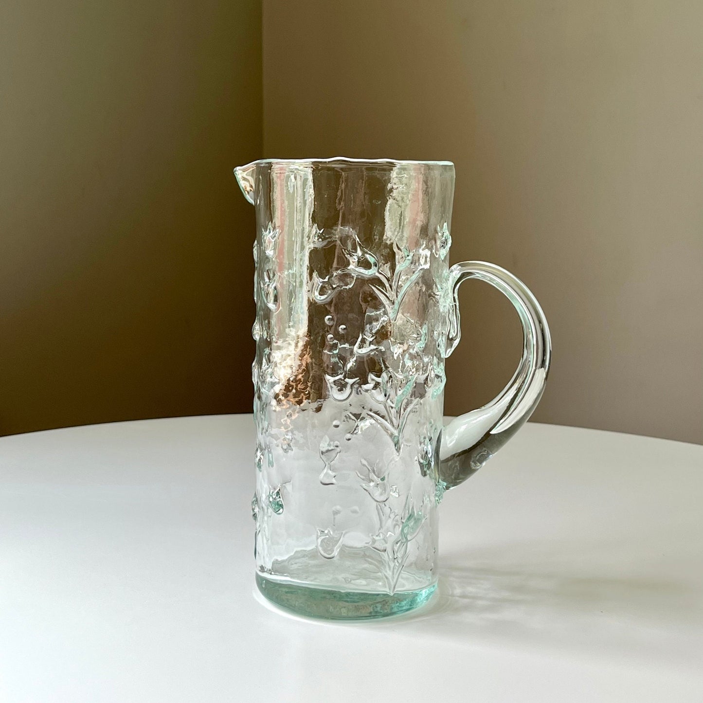 Pale Green Mold Blown Flower Glass Pitcher