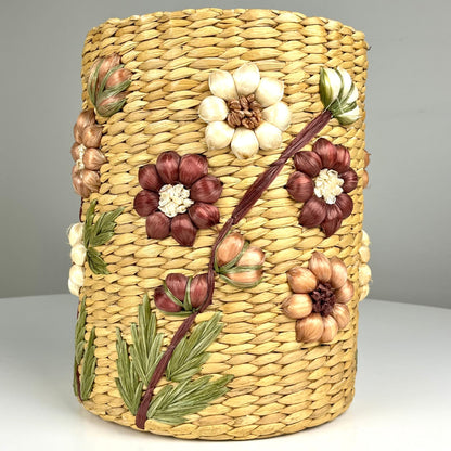 Vintage 1970s Woven Flower Raffia Planter