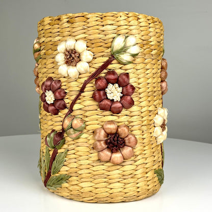 Vintage 1970s Woven Flower Raffia Planter