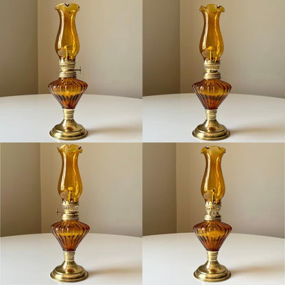 Amber Hurricane Lamp with Brass Colored Accents