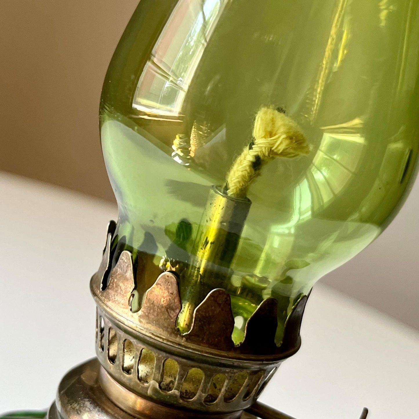 Green Hurricane Lamp with Brass Accents