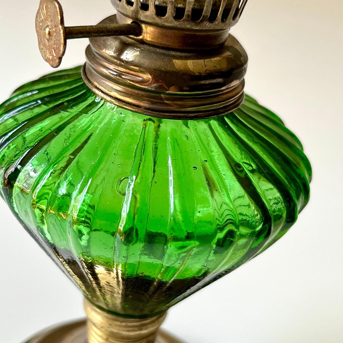 Green Hurricane Lamp with Brass Accents