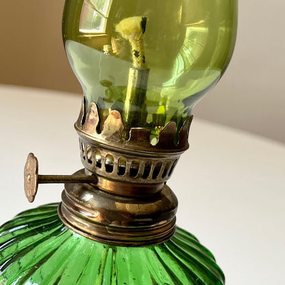 Green Hurricane Lamp with Brass Accents