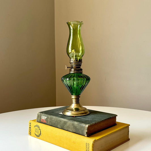 Green Hurricane Lamp with Brass Accents