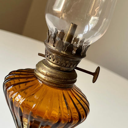 Amber Hurricane Lamp with Brass Accents