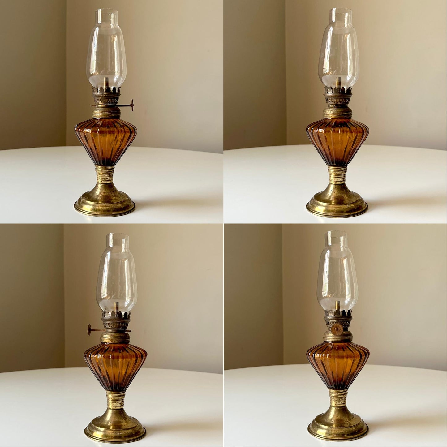 Amber Hurricane Lamp with Brass Accents