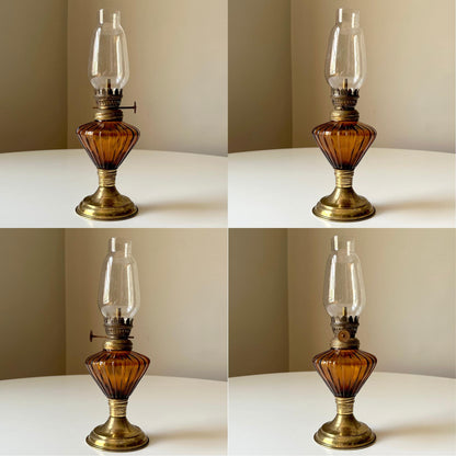 Amber Hurricane Lamp with Brass Accents