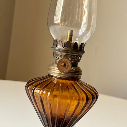 Amber Hurricane Lamp with Brass Accents