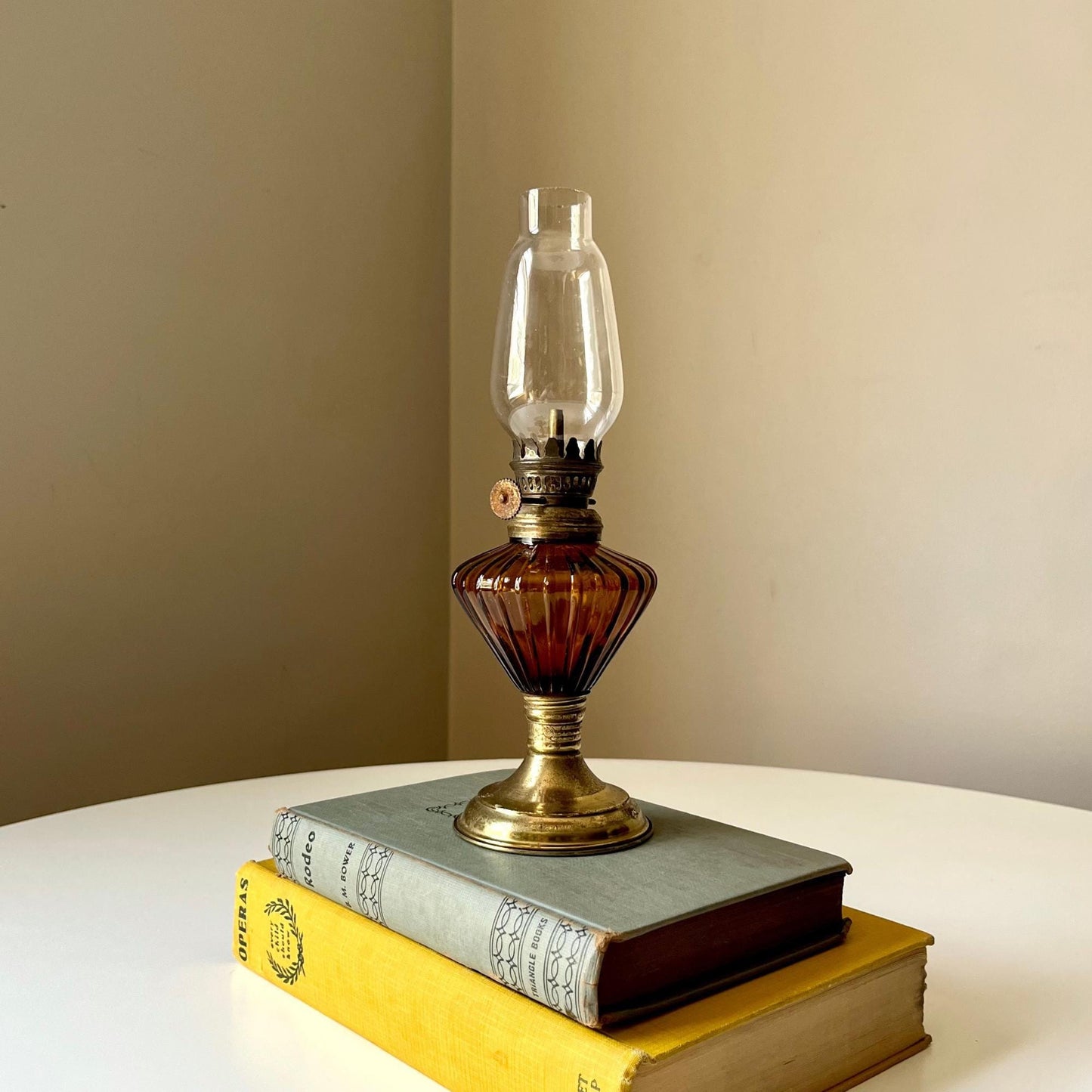 Amber Hurricane Lamp with Brass Accents