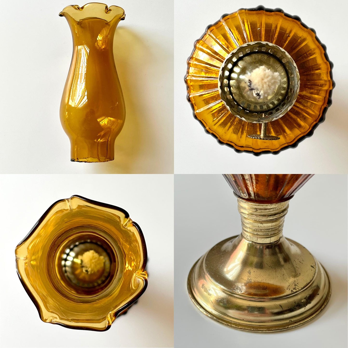 Amber Hurricane Lamp with Brass Colored Accents