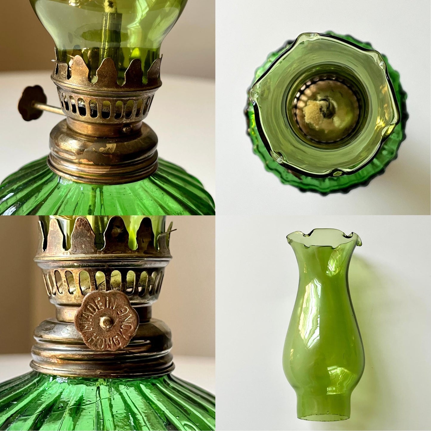 Green Hurricane Lamp with Brass Accents