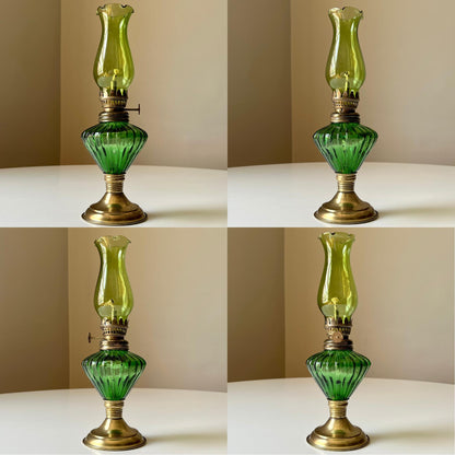 Green Hurricane Lamp with Brass Accents