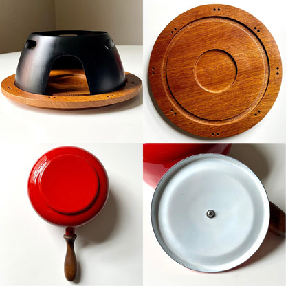 Red Fondue Set with Wood Base