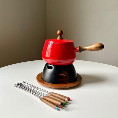 Red Fondue Set with Wood Base