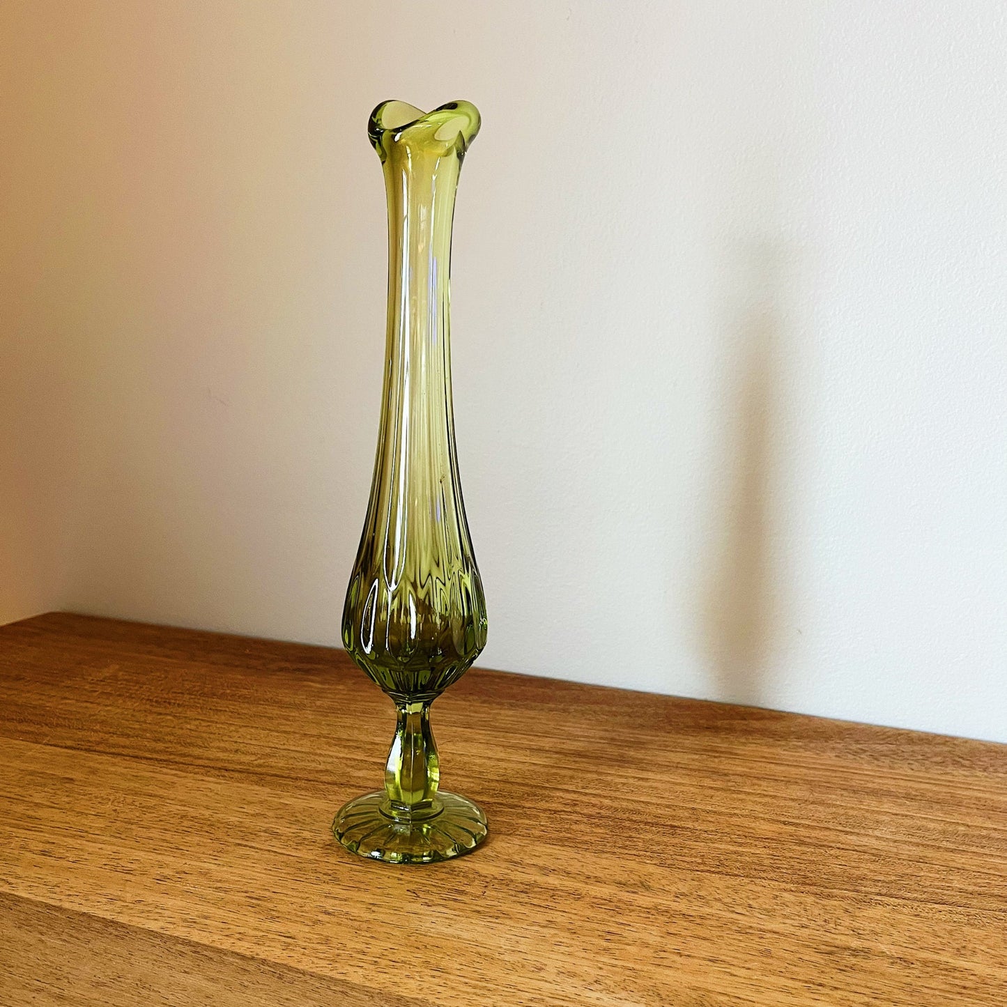 Green Glass Pedestal Stretch Vase by Fenton