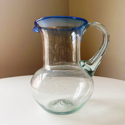 Hand Blown Glass Pitcher with Cobalt Rim