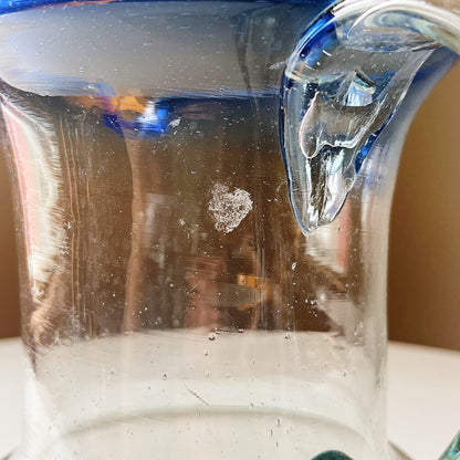 Hand Blown Glass Pitcher with Cobalt Rim