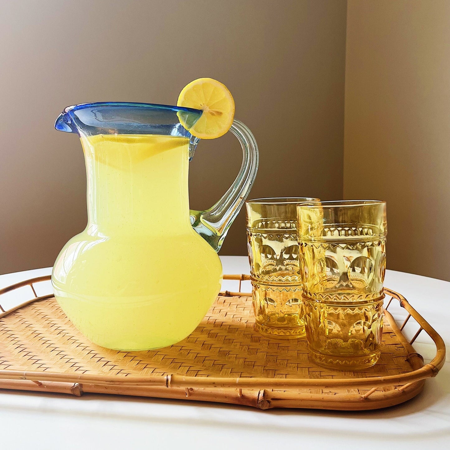 Hand Blown Glass Pitcher with Cobalt Rim