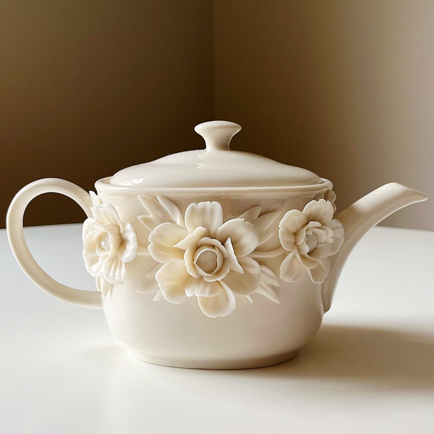 Ivory Raised Roses Porcelain Teapot by Godinger