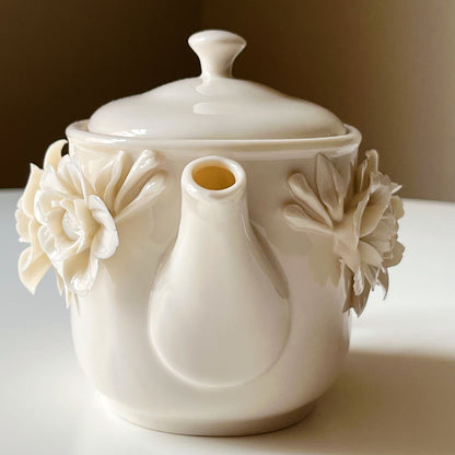 Ivory Raised Roses Porcelain Teapot by Godinger