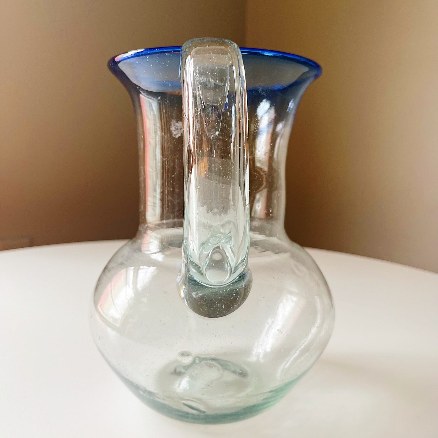 Hand Blown Glass Pitcher with Cobalt Rim