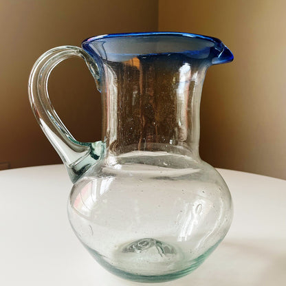 Hand Blown Glass Pitcher with Cobalt Rim