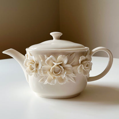 Ivory Raised Roses Porcelain Teapot by Godinger