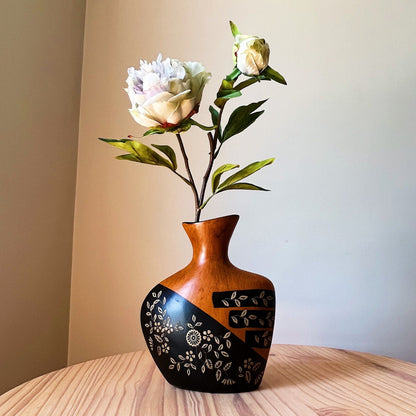 Faux Wood Ceramic Vase with Floral Etched Design