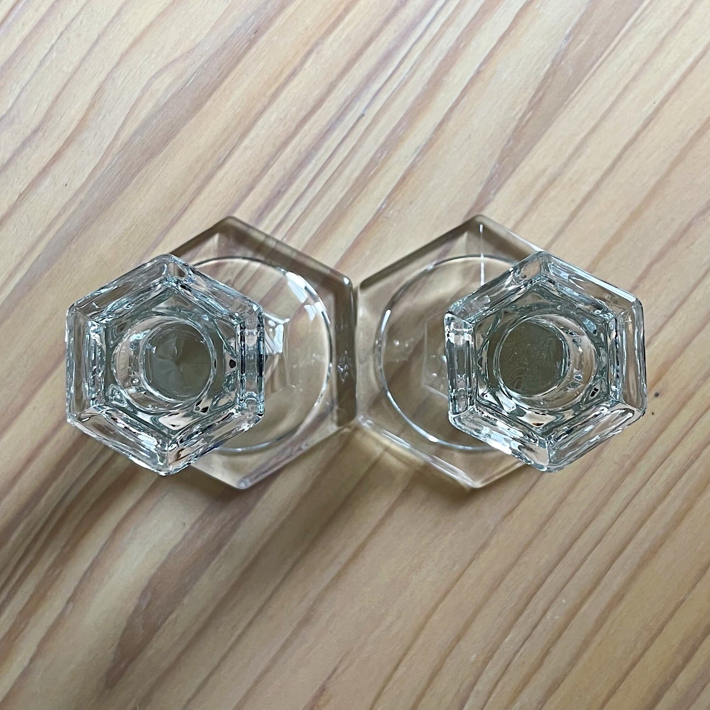 Art Deco Crystal Candlestick Holders with Hexagon Base